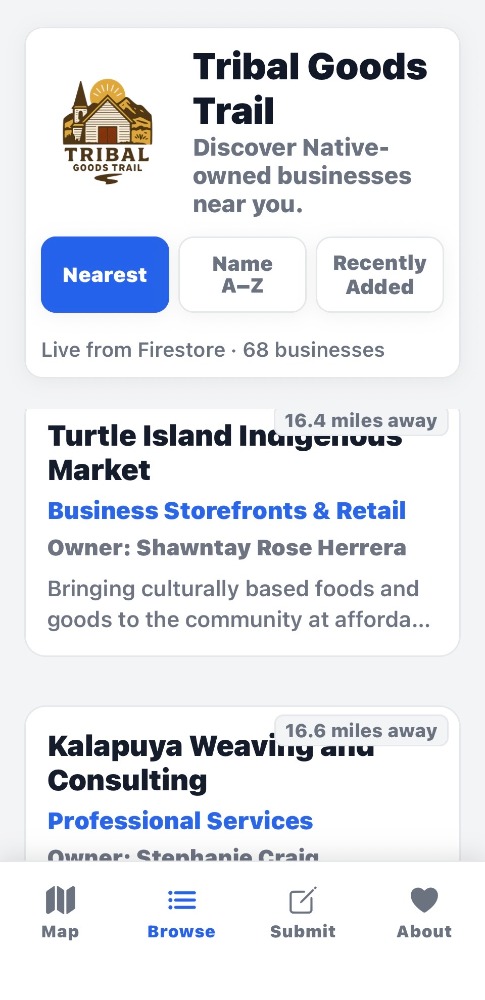 Tribal Goods Trail business browsing screen