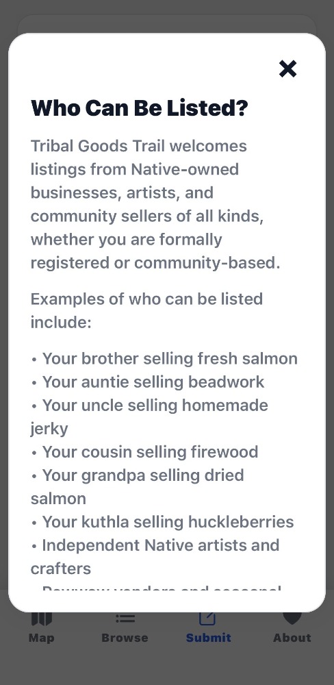 Tribal Goods Trail app screen preview